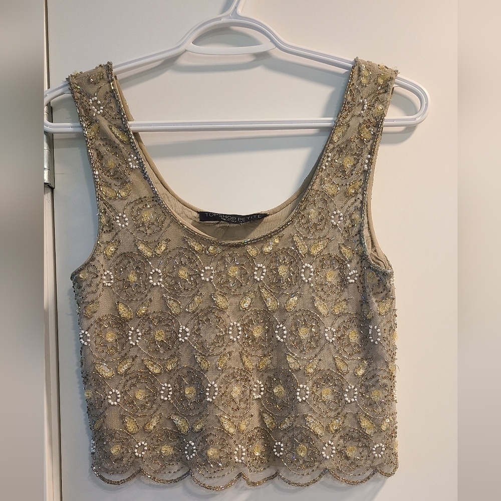 Topshop PETITE Vtg 2000s Gold & Cream Embellished Mesh Crop Top - Size 2 💛